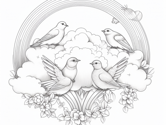 Free coloring pages of rainbows with birds
