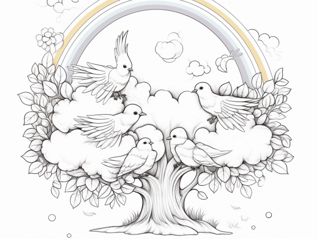 Free coloring pages of rainbows with birds and a tree