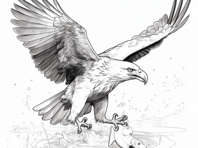 Free printable coloring page of Eagle catching a fish