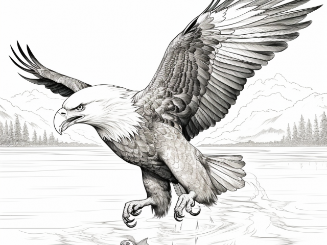 Free printable coloring page of Eagle catching a fish