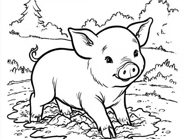 Free coloring page of a Pig playing in the mud