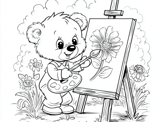 Free coloring page of A baby kawaii bear dressed as an artist painting