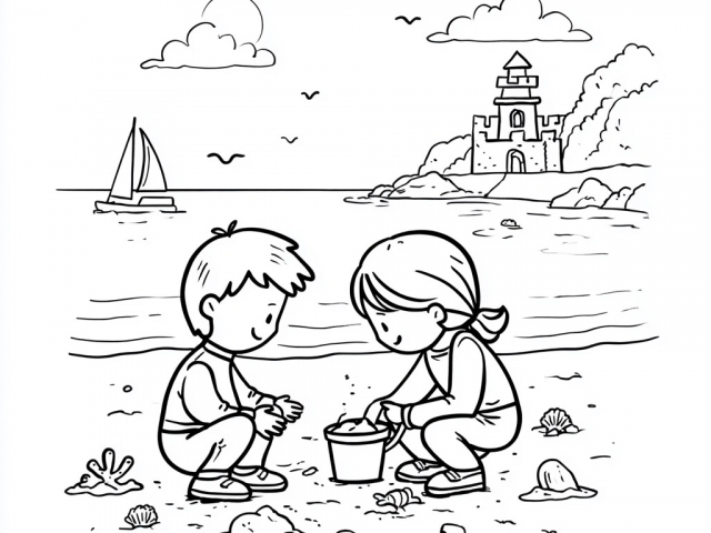 Free coloring page of Beach with little kids