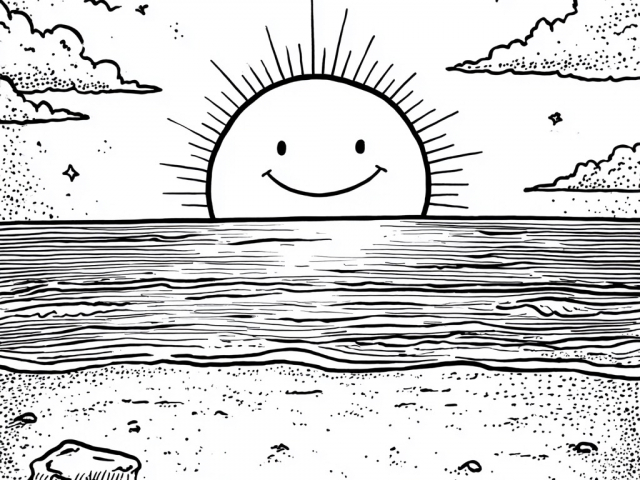 Free coloring page of Beach with smiling sun