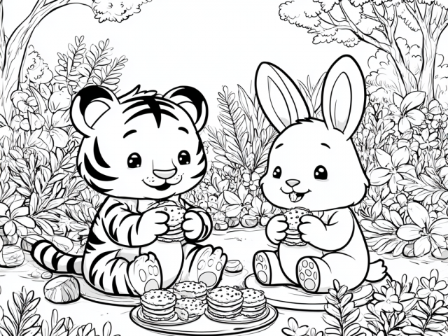 Free coloring page of Bunny and Tiger having a Picnic