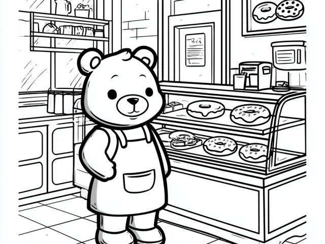 Free coloring page of Chef Bear in Doughnut Shop