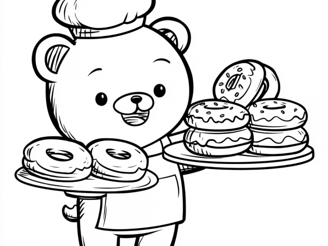 Free coloring page of Chef Bear with Doughnuts