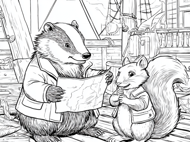 Free coloring page of Cute Sunk and Squirrel