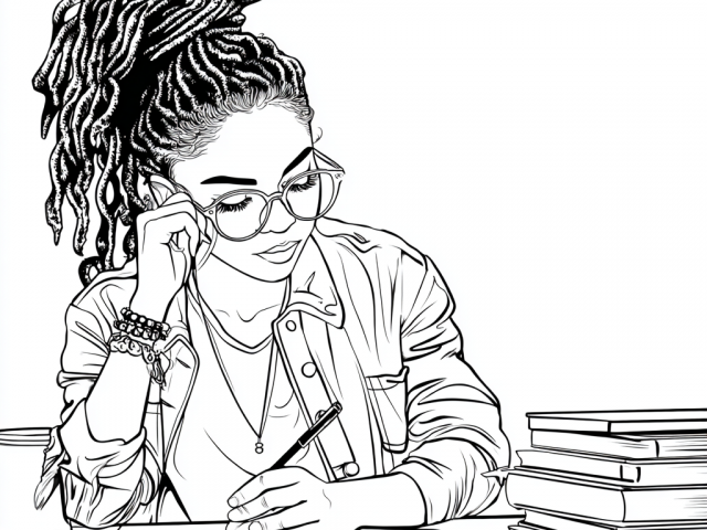 Free coloring page of a Black Lady studying at the library