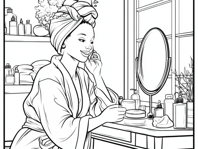 Free coloring page of a Black woman doing her skin care routine