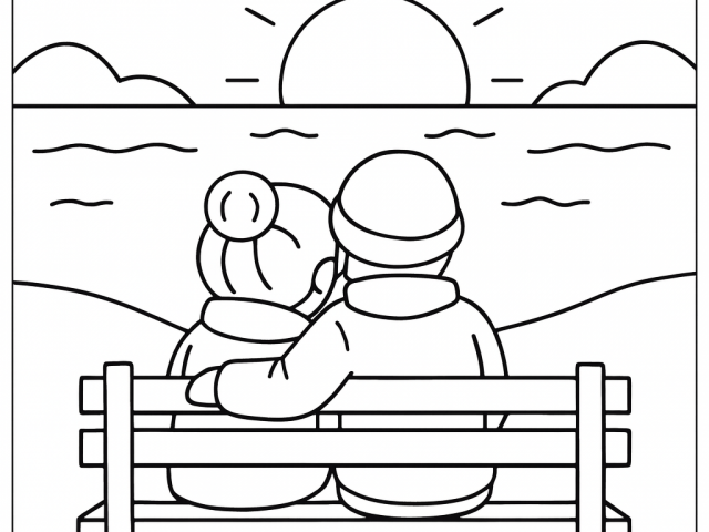 Free coloring page of a Couple watching the Sunset