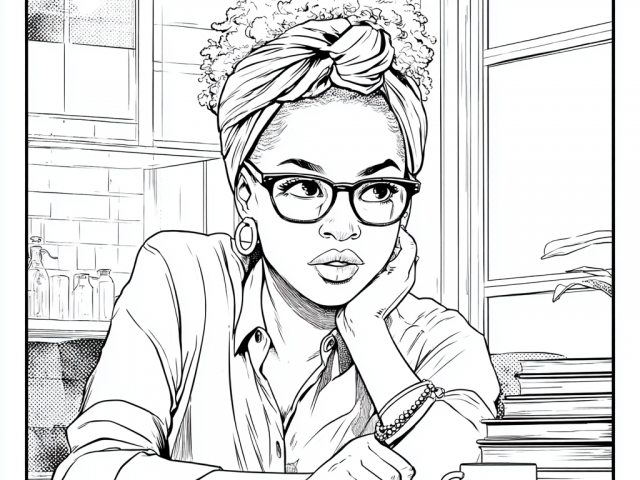 Free coloring page of a Elegant Black Lady in the Office