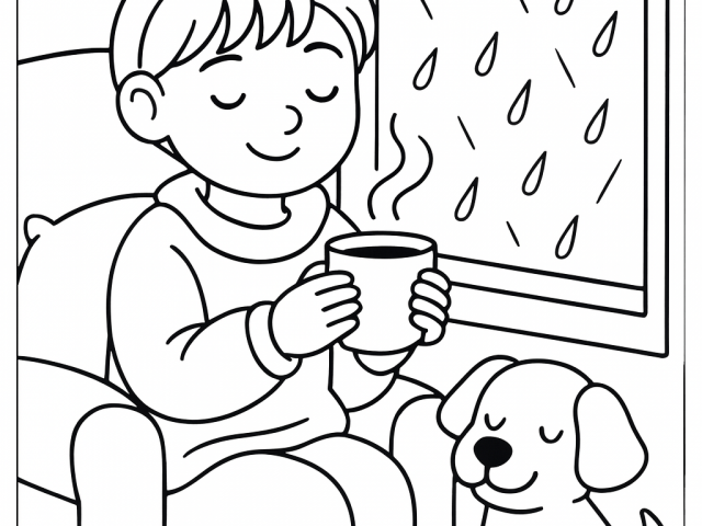 Lady Sipping Tea with rain falling outside Free coloring page of a Lady Sipping Tea with rain falling outside