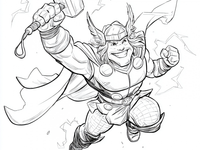 Free coloring page of Thor with his Hammer Jumping Up