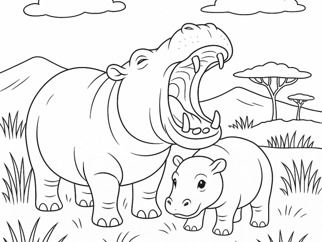 Hippo Yawning in the Savanah Free coloring page of a Hippo Yawning in the Savanah