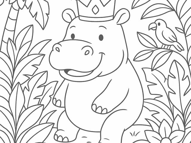 Hippo in the Jungle wearing a crown Free coloring page of a Hippo in the Jungle wearing a crown