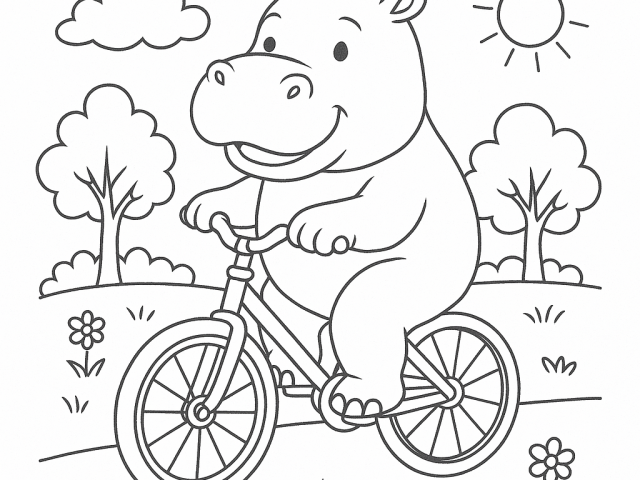 Hippo riding a bicycle Free coloring page of a Hippo riding a bicycle