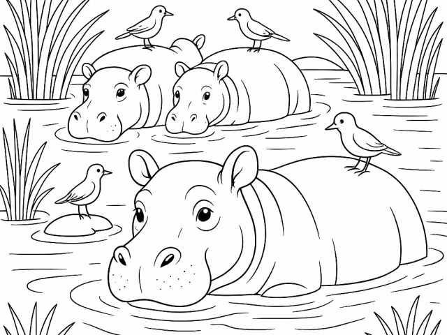 Hippopotamus in the River with Birds on their back Free coloring page of a Hippopotamus in the River with Birds on their back