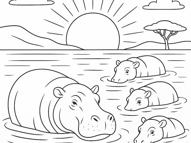 Hippos Bathing at Sunset Free coloring page of a Hippos Bathing at Sunset