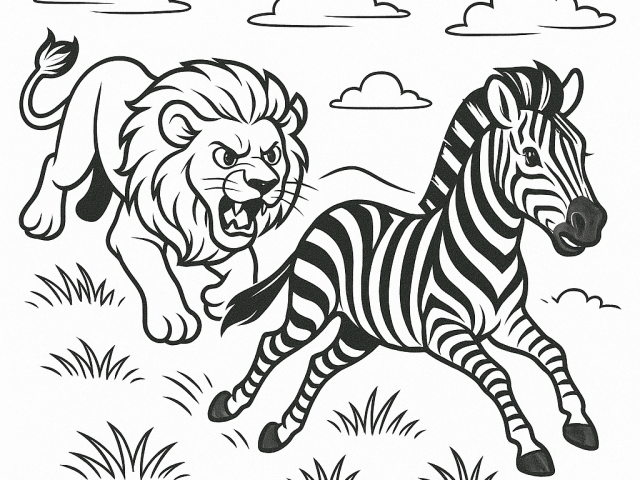 Lion chasing a Zebra Free coloring page of a Lion chasing a Zebra