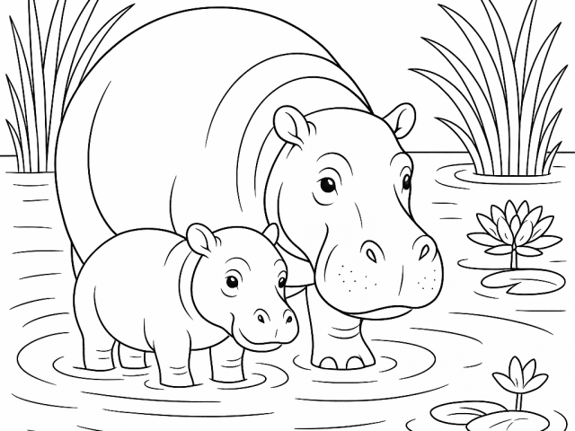 Mother Hippo with Baby Calfs Free coloring page of a Mother Hippos with Baby Hippo