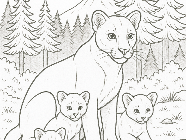 Mother Mountain Lion with her Cubs Free coloring page of Mother Mountain Lion with her cats