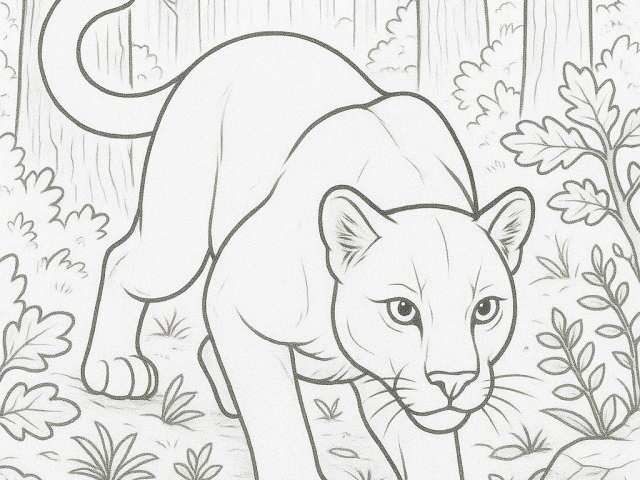 Mountain Lion stalking Prey in the Forest Free coloring page of a Mountain Lion stalking Prey in the forest