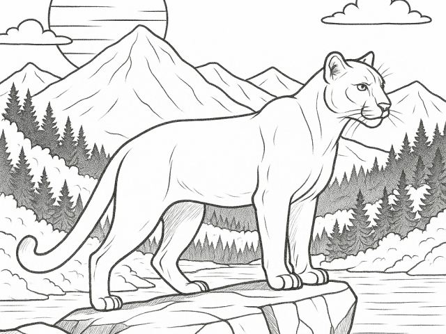 Mountain Lion standing on a cliff Free coloring page of a Mountain Lion standing on a cliff
