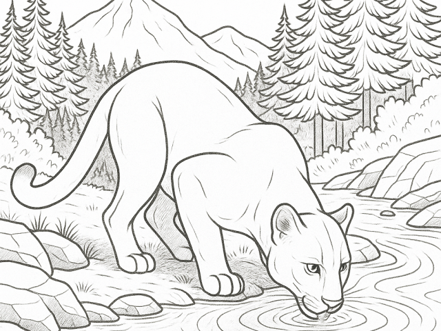 Mountain lion drinking from a stream Free coloring page of a Mountain Lion drinking from a stream
