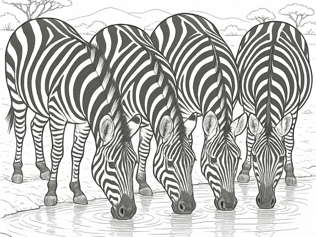 Zebras drinking from watering hole Free coloring page of Zebras drinking from watering hole