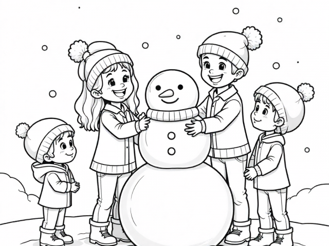 Children building a Snowman (1) Free coloring page of Children Building a Snowman