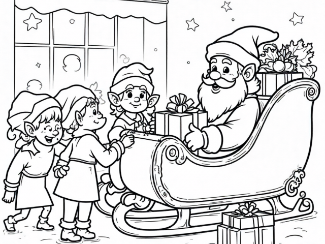 Elves and Santa sleigh (2) Free coloring page of Elves and Santa sleigh