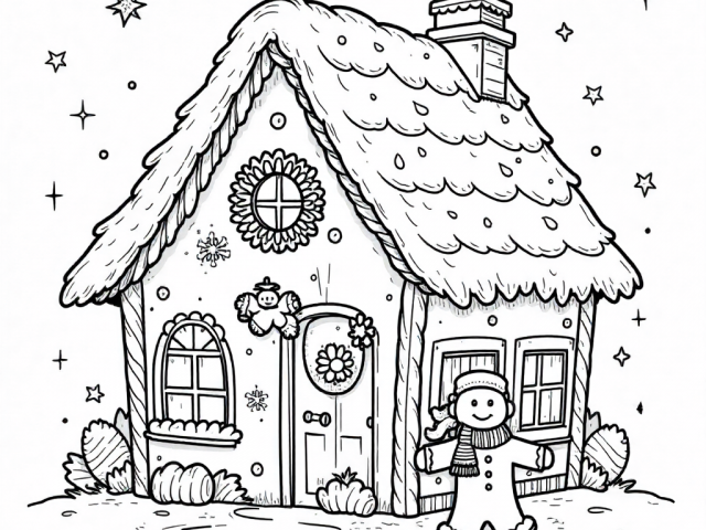 Gingerbread House with a Gingerbread Man Free coloring page of a Gingerbread House with a Gingerbread Man