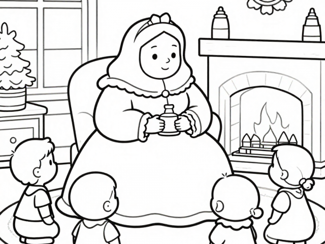 Mrs Claus telling stories to children Free coloring page of a Mrs. Claus telling stories to children