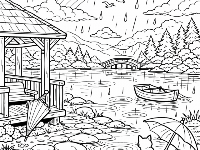 Free coloring page of a Cozy Rainy Day