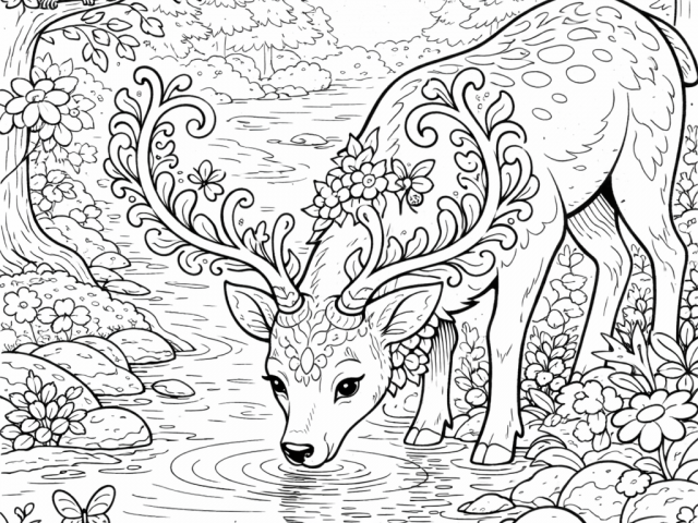 Free coloring page of a Deer drinking at the stream