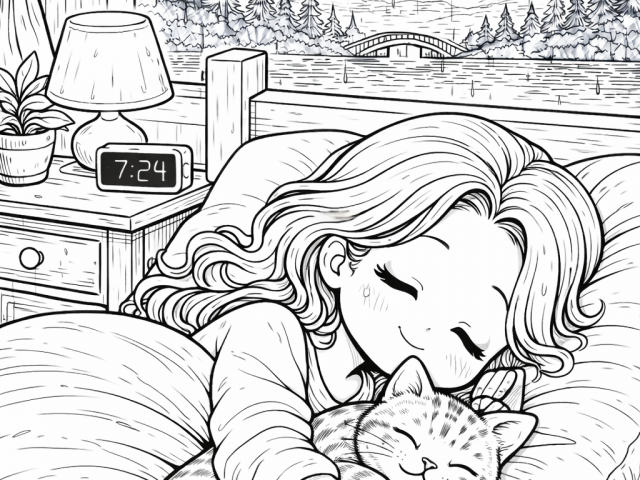 Free coloring page of Lady sleeping next to her cat
