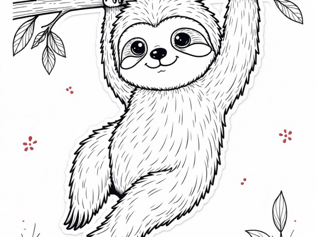 Free coloring pages of a sloth hanging on a branch